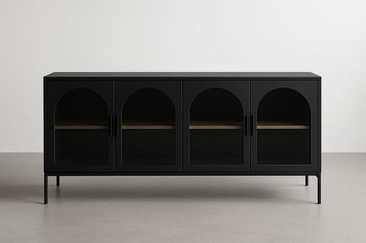 Aparador negro de acero con puertas de vidrio templado, 180×80×40 cm