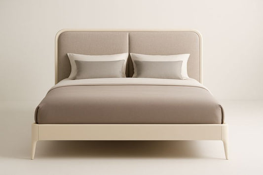 Cama doble de madera de haya con tapizado beige, 200x160x120 cm