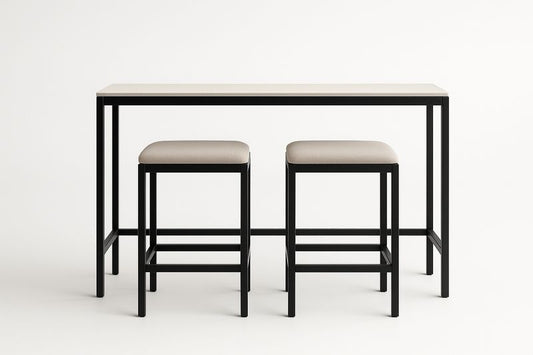 Conjunto de comedor con mesa negra y tablero beige, con taburetes tapizados