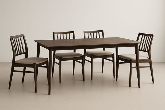 Conjunto de mesa y sillas marrón oscuro de madera de caucho con asientos de espuma de poliuretano y tapizado en poliéster