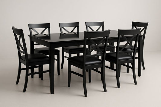 Conjunto de mesa de comedor negra con 7 sillas de madera